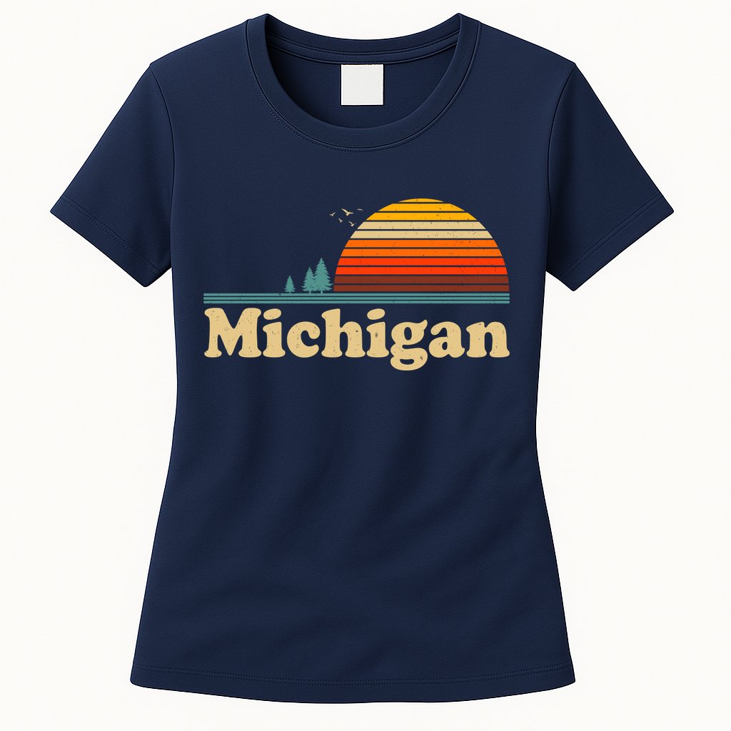 Vintage Retro Michigan Sunset Logo Womens T-Shirt