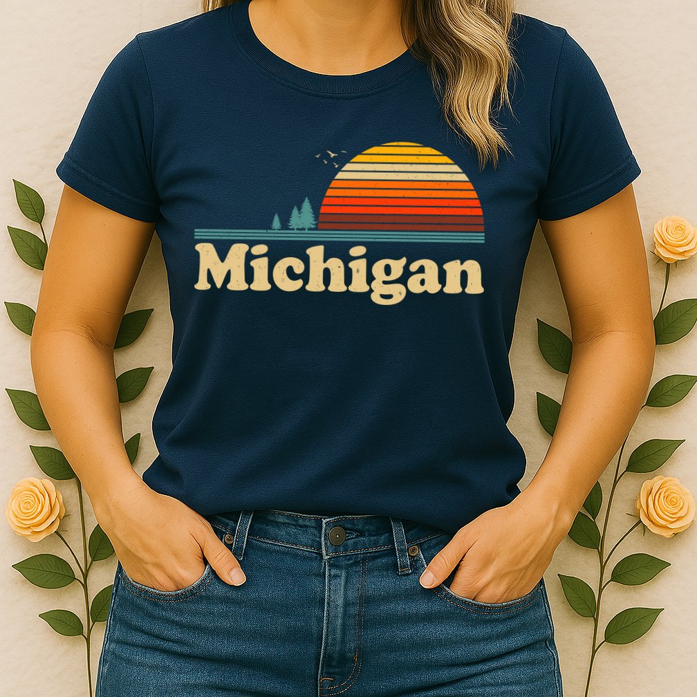 Vintage Retro Michigan Sunset Logo Womens T-Shirt