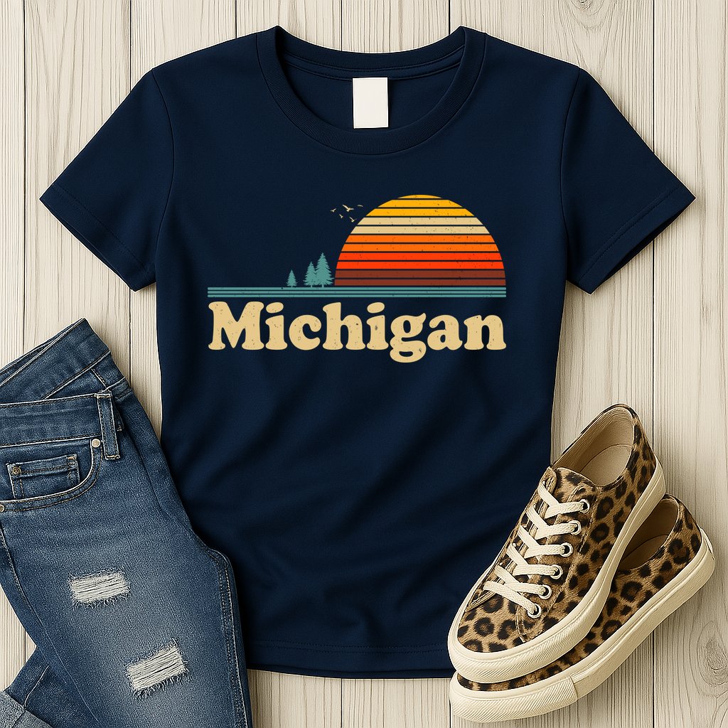 Vintage Retro Michigan Sunset Logo Womens T-Shirt