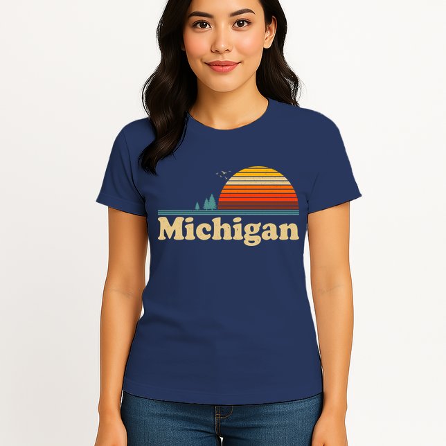 Vintage Retro Michigan Sunset Logo Womens T-Shirt