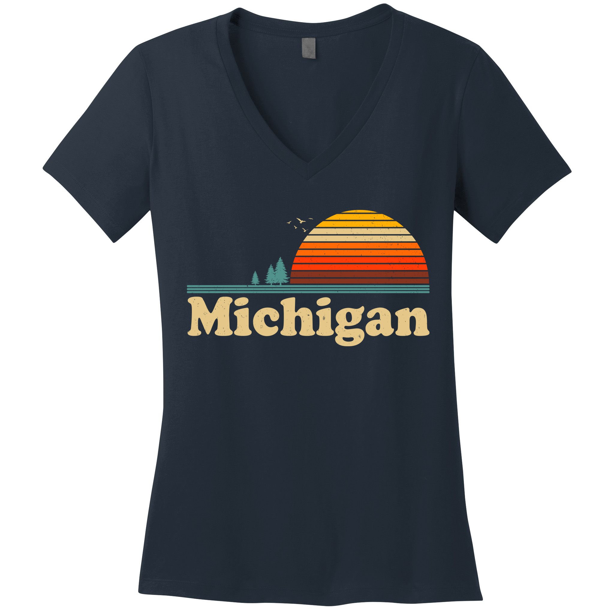 Vintage Retro Michigan Sunset Logo Women's V-Neck T-Shirt