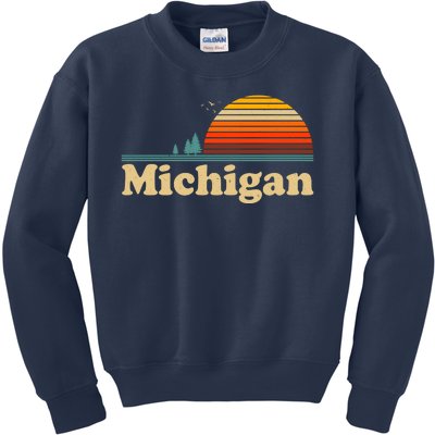 Vintage Retro Michigan Sunset Logo Kids Sweatshirt