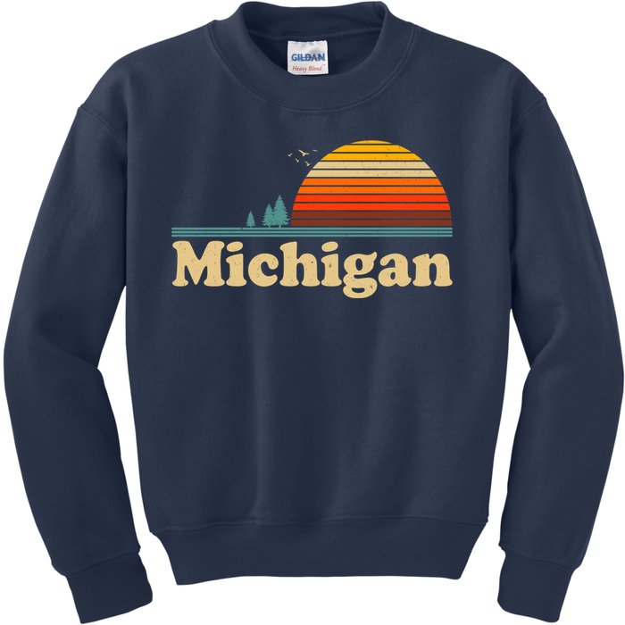 Vintage Retro Michigan Sunset Logo Kids Sweatshirt