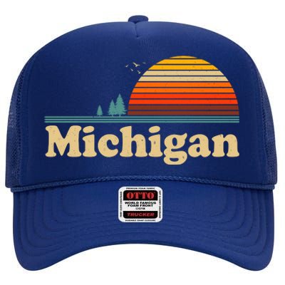 Vintage Retro Michigan Sunset Logo High Crown Mesh Back Trucker Hat