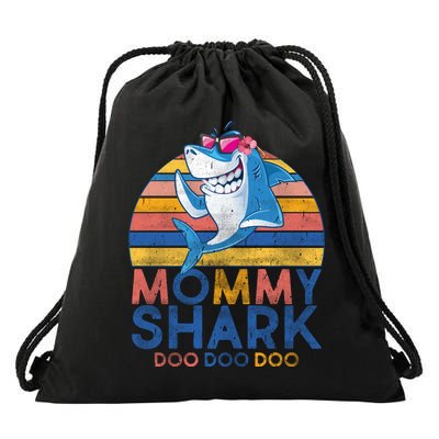 Vintage Retro Mommy Shark Doo Drawstring Bag