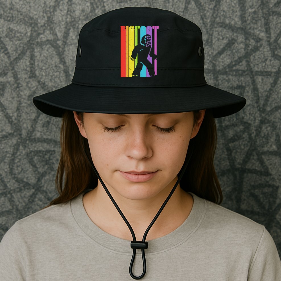 Vintage Retro Rainbow Bigfoot Silhouette Bucket Hat