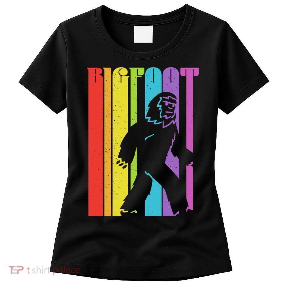 Vintage Retro Rainbow Bigfoot Silhouette Womens T-Shirt