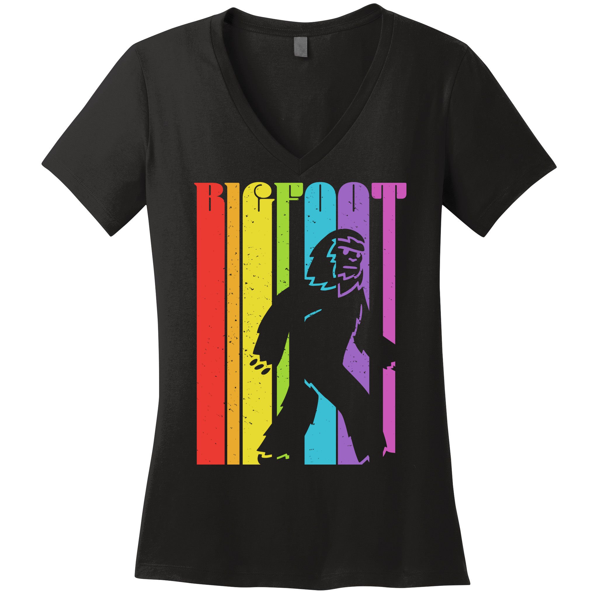 Vintage Retro Rainbow Bigfoot Silhouette Women's V-Neck T-Shirt