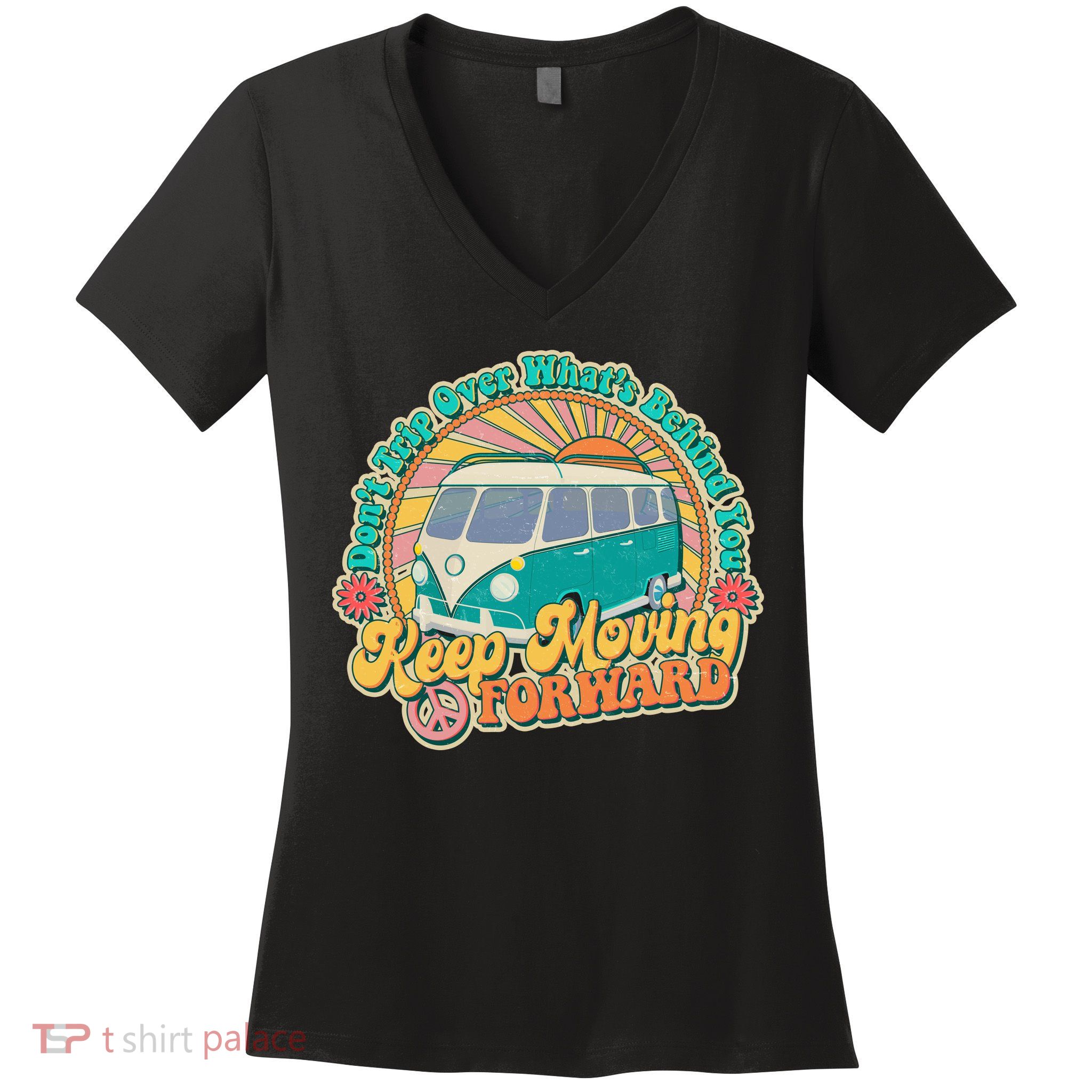 Vintage Retro VW Bus Keep Moving Forward Sunshine Women's V-Neck T-Shirt