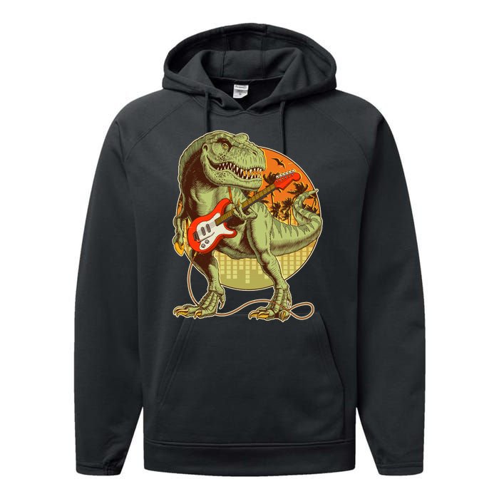 Vintage Rocking Guitar T-Rex Dinosaur Performance Fleece Hoodie