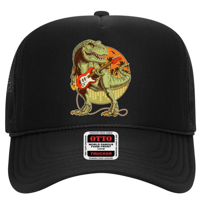 Vintage Rocking Guitar T-Rex Dinosaur High Crown Mesh Back Trucker Hat