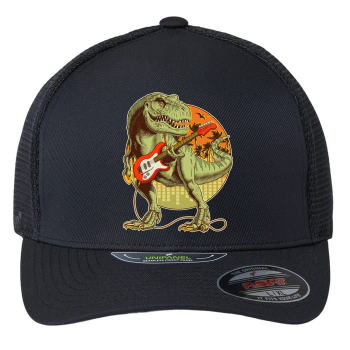 Vintage Rocking Guitar T-Rex Dinosaur Flexfit Unipanel Trucker Cap