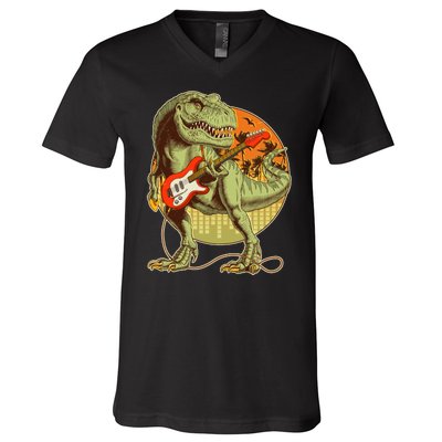 Vintage Rocking Guitar T-Rex Dinosaur V-Neck T-Shirt