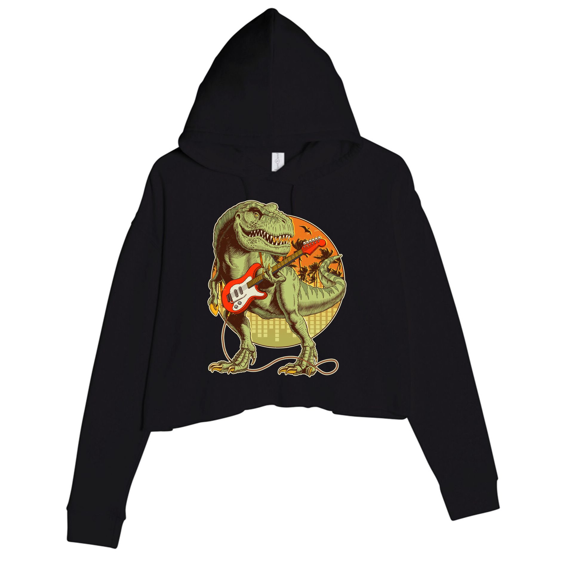 Vintage Rocking Guitar T-Rex Dinosaur Crop Fleece Hoodie