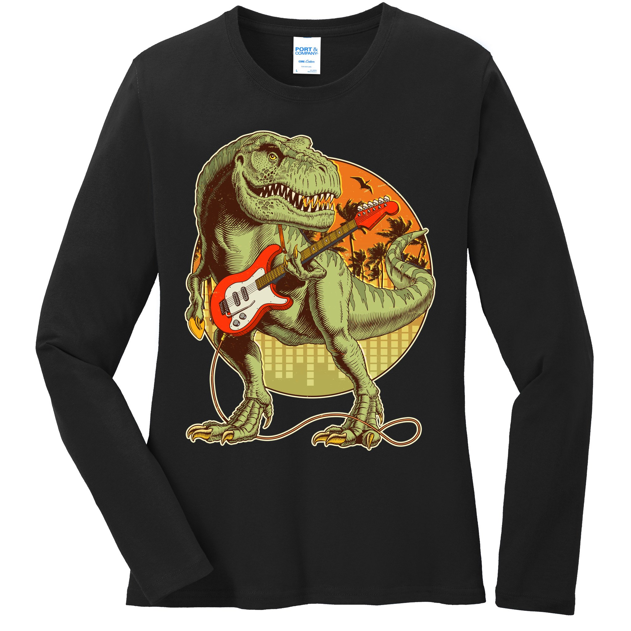 Vintage Rocking Guitar T-Rex Dinosaur Ladies Long Sleeve Shirt
