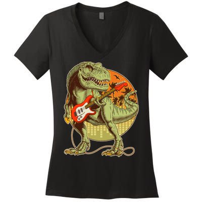 Vintage Rocking Guitar T-Rex Dinosaur Women's V-Neck T-Shirt