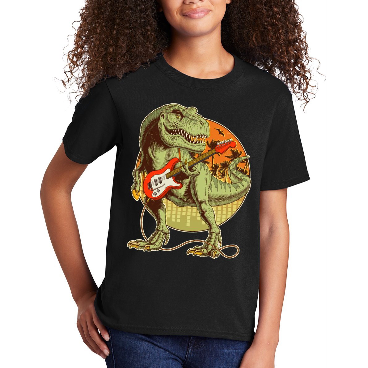 Vintage Rocking Guitar T-Rex Dinosaur Kids T-Shirt