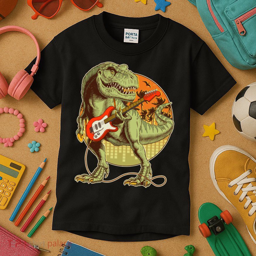 Vintage Rocking Guitar T-Rex Dinosaur Kids T-Shirt
