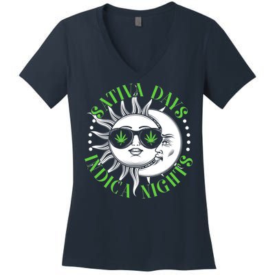 Vintage Sativa Days Indica Nights Sun And Moon Women's V-Neck T-Shirt