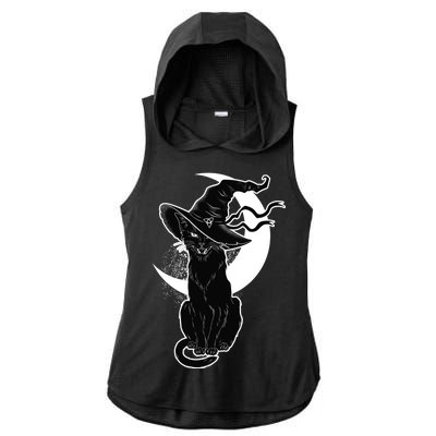 Vintage Scary Halloween Black Cat Moon Witch Ladies PosiCharge Tri-Blend Wicking Draft Hoodie Tank