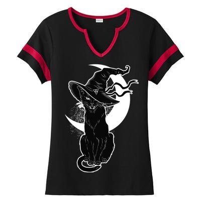 Vintage Scary Halloween Black Cat Moon Witch Ladies Halftime Notch Neck Tee