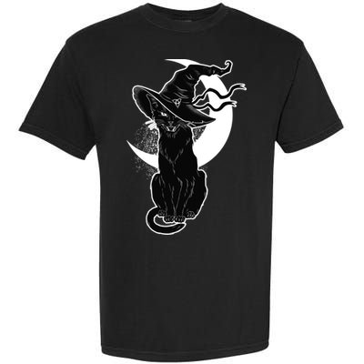 Vintage Scary Halloween Black Cat Moon Witch Garment-Dyed Heavyweight T-Shirt