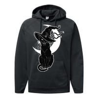 Vintage Scary Halloween Black Cat Moon Witch Performance Fleece Hoodie