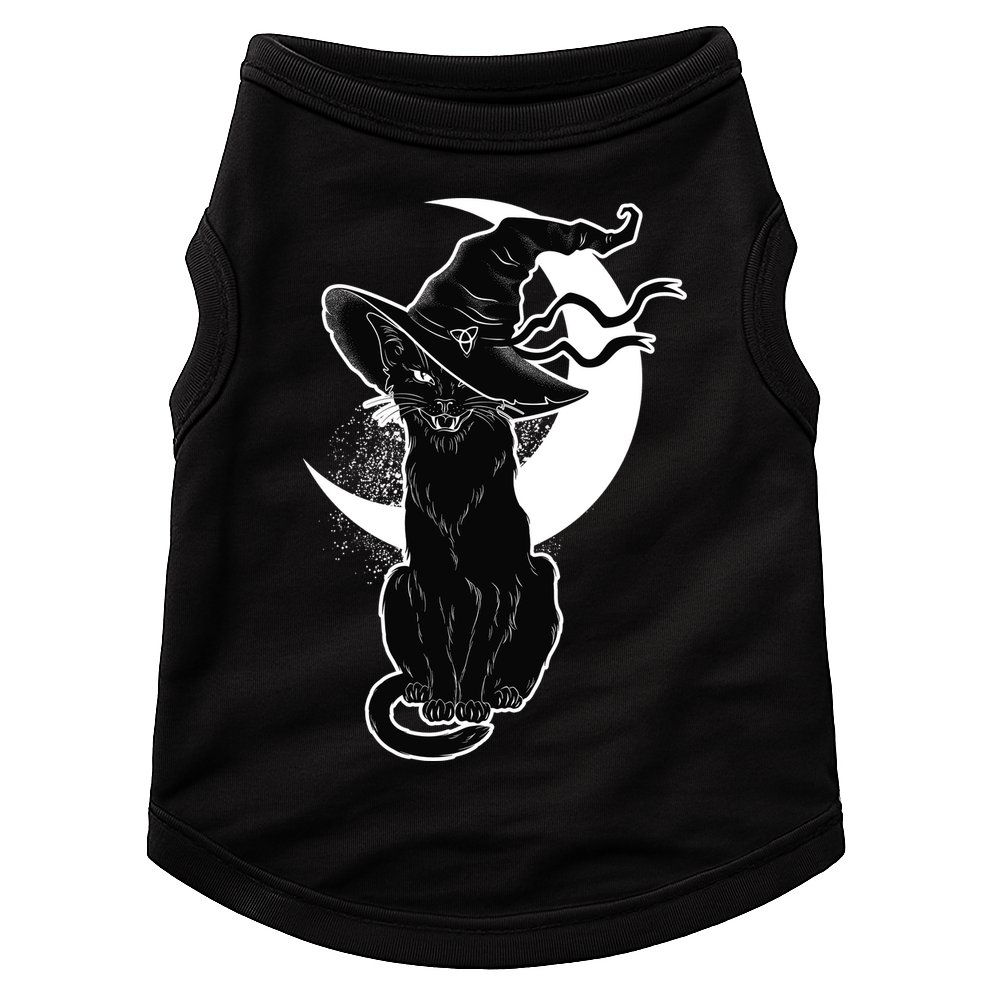Vintage Scary Halloween Black Cat Moon Witch Doggie Tank