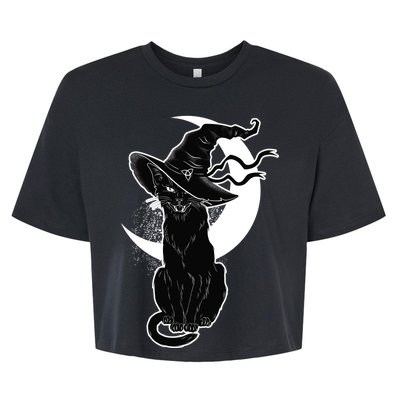 Vintage Scary Halloween Black Cat Moon Witch Bella+Canvas Jersey Crop Tee