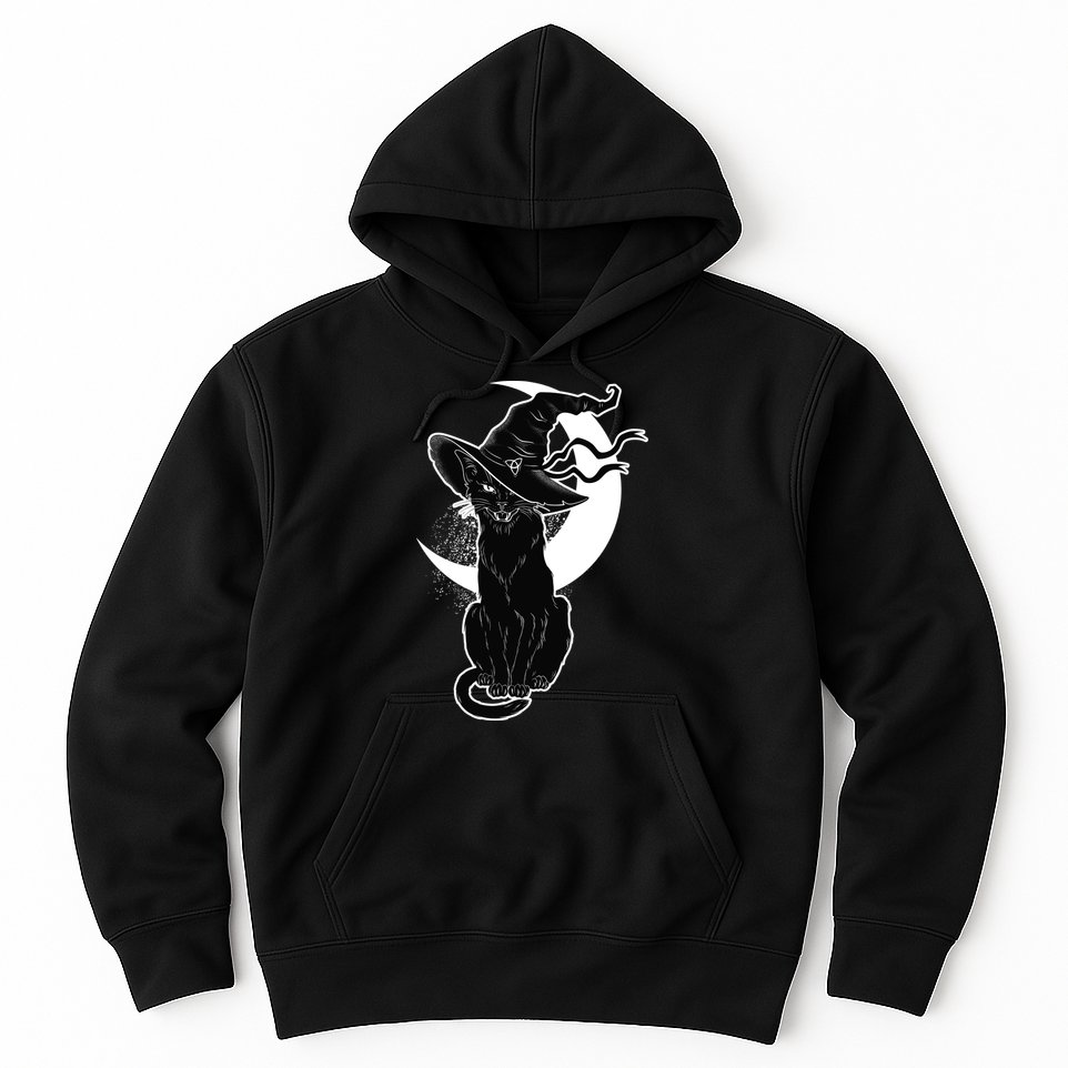 Vintage Scary Halloween Black Cat Moon Witch Hoodie