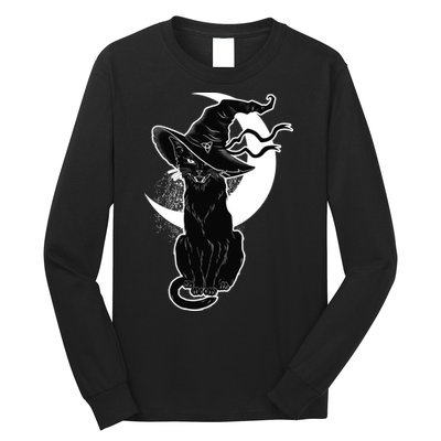 Vintage Scary Halloween Black Cat Moon Witch Long Sleeve Shirt