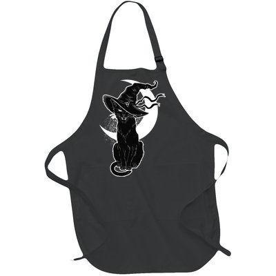 Vintage Scary Halloween Black Cat Moon Witch Full-Length Apron With Pockets