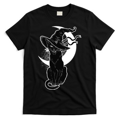 Vintage Scary Halloween Black Cat Moon Witch T-Shirt