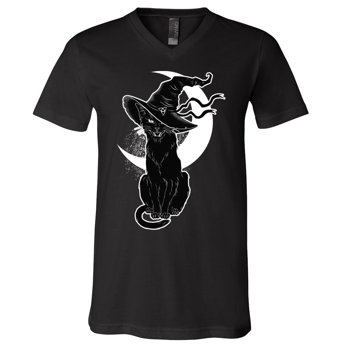 Vintage Scary Halloween Black Cat Moon Witch V-Neck T-Shirt