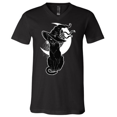 Vintage Scary Halloween Black Cat Moon Witch V-Neck T-Shirt