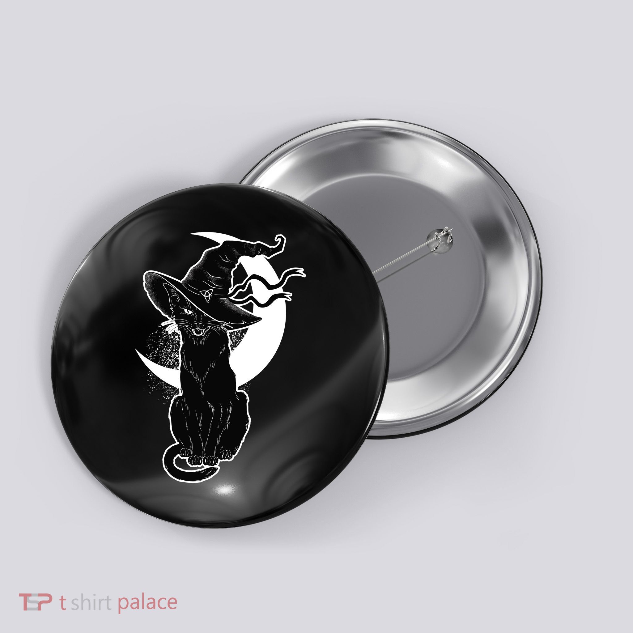 Vintage Scary Halloween Black Cat Moon Witch Button