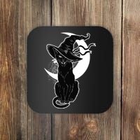 Vintage Scary Halloween Black Cat Moon Witch Coaster