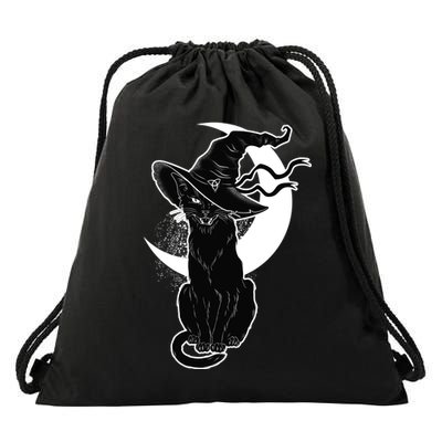 Vintage Scary Halloween Black Cat Moon Witch Drawstring Bag