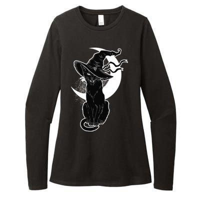 Vintage Scary Halloween Black Cat Moon Witch Womens CVC Long Sleeve Shirt