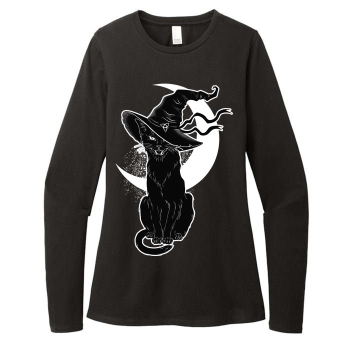 Vintage Scary Halloween Black Cat Moon Witch Womens CVC Long Sleeve Shirt