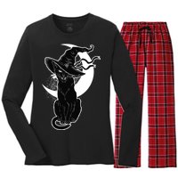 Vintage Scary Halloween Black Cat Moon Witch Women's Long Sleeve Flannel Pajama Set 