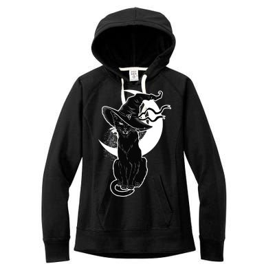 Vintage Scary Halloween Black Cat Moon Witch Women's Fleece Hoodie