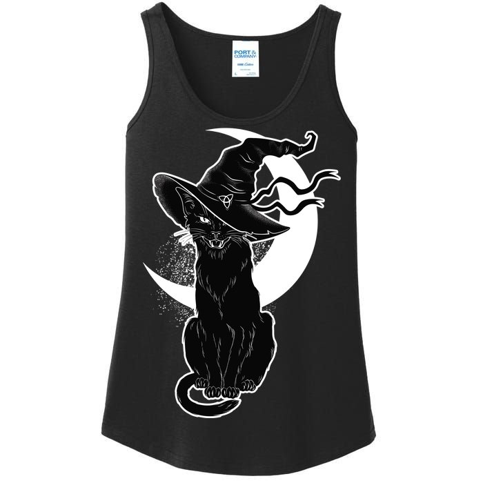 Vintage Scary Halloween Black Cat Moon Witch Ladies Essential Tank