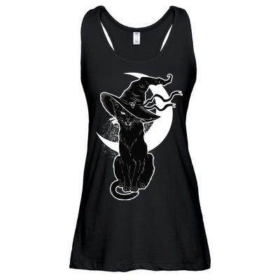 Vintage Scary Halloween Black Cat Moon Witch Ladies Essential Flowy Tank