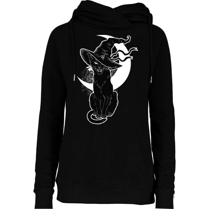 Vintage Scary Halloween Black Cat Moon Witch Womens Funnel Neck Pullover Hood