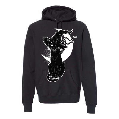 Vintage Scary Halloween Black Cat Moon Witch Premium Hoodie