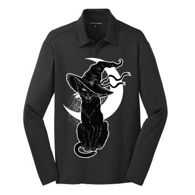 Vintage Scary Halloween Black Cat Moon Witch Silk Touch Performance Long Sleeve Polo