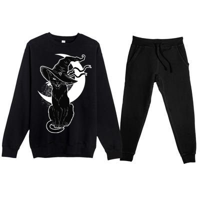 Vintage Scary Halloween Black Cat Moon Witch Premium Crewneck Sweatsuit Set