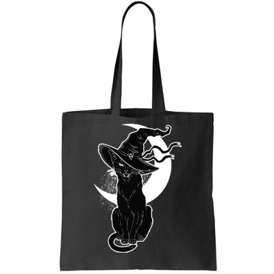 Vintage Scary Halloween Black Cat Moon Witch Tote Bag