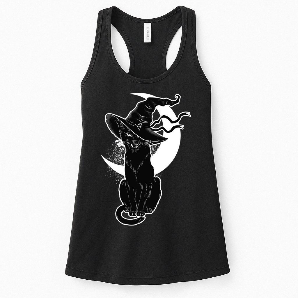 Vintage Scary Halloween Black Cat Moon Witch Womens Tank Top